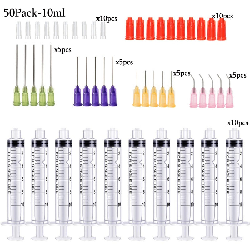 50Pack Syringes with 14ga-23ga Blunt Tip Needles With Syringe Caps and Needle Caps for Refilling