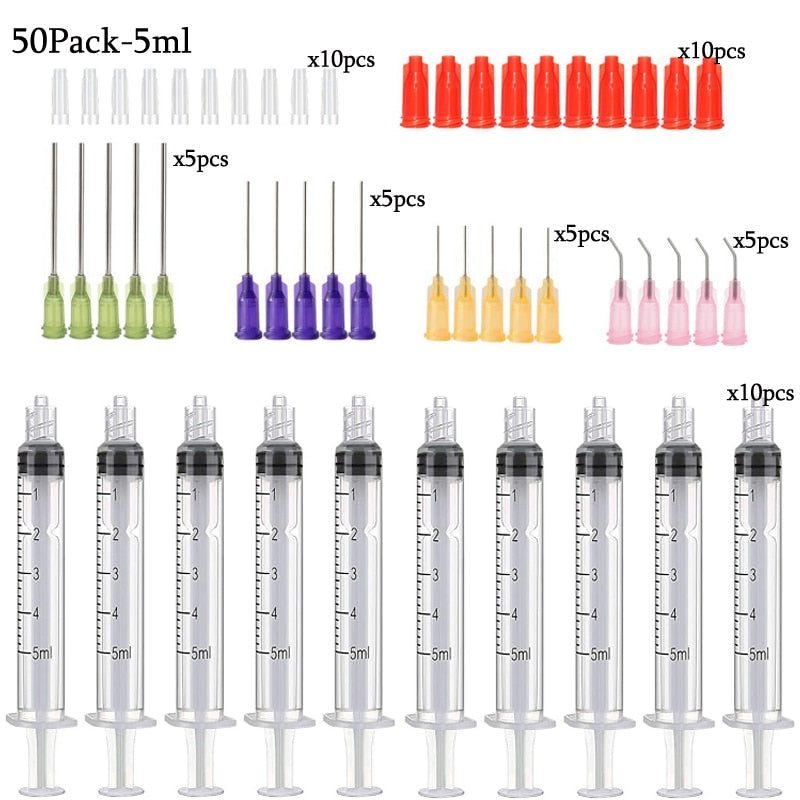 50Pack Syringes with 14ga-23ga Blunt Tip Needles With Syringe Caps and Needle Caps for Refilling