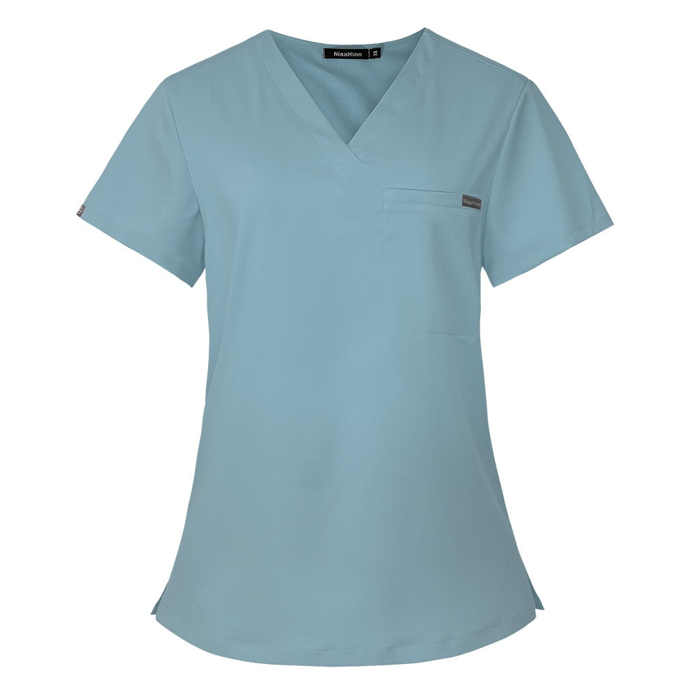 Men Women Nursing Uniform Hospital Work Blouse Short Sleeve V-neck Scrub Tops with Pocket Shirt Unisex Work Wear Uniform Blouses