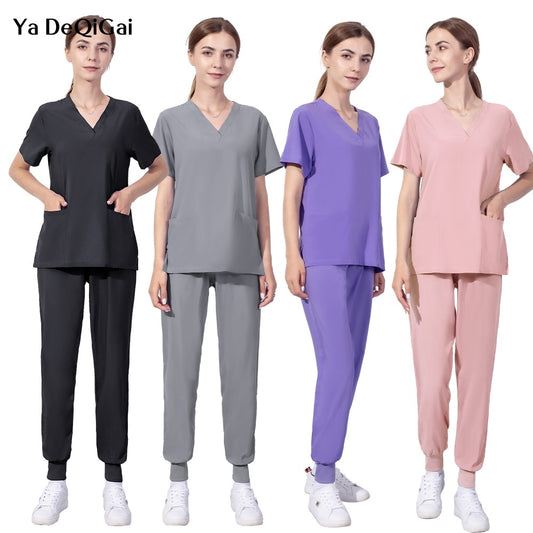 Solid Color Nursing Scrubs Women Uniforms Elasticity Pet Clinic Nurse V-neck Medical Hospital Doctor Working Clothing Wholesale