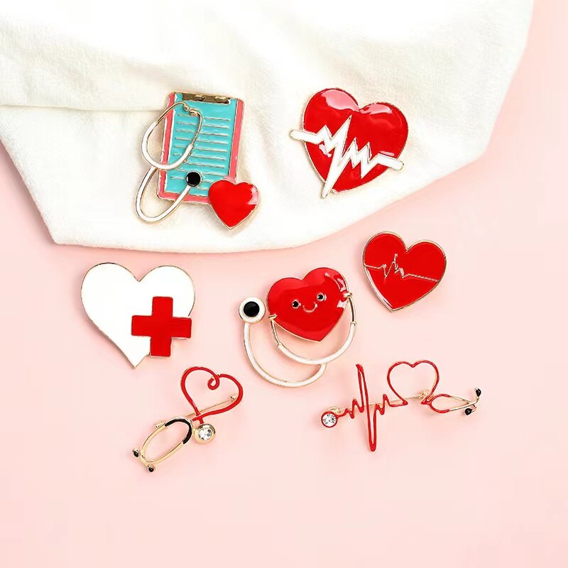 Stethoscope Brooch Doctor Nurse Enamel Pins Red Heart Electrocardiogram Collar Lapel Badge Unisex Medical Jewelry Gift Wholesale