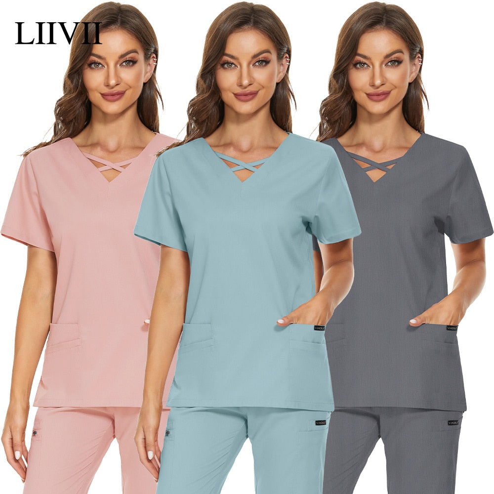 Women Nurses Uniform Surgical Scrubs Uniforms Nurse Scrub Tops Blouse Clinic Carer Protective Jackets Nursing Uniform Shirts xxl