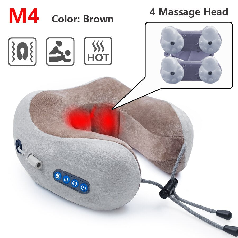 RLESMEN 4 Heads Travel Pillow Neck Massager Relaxation Heating Vibrator U-shaped Cervical Vertebra Electric Massage Health Care