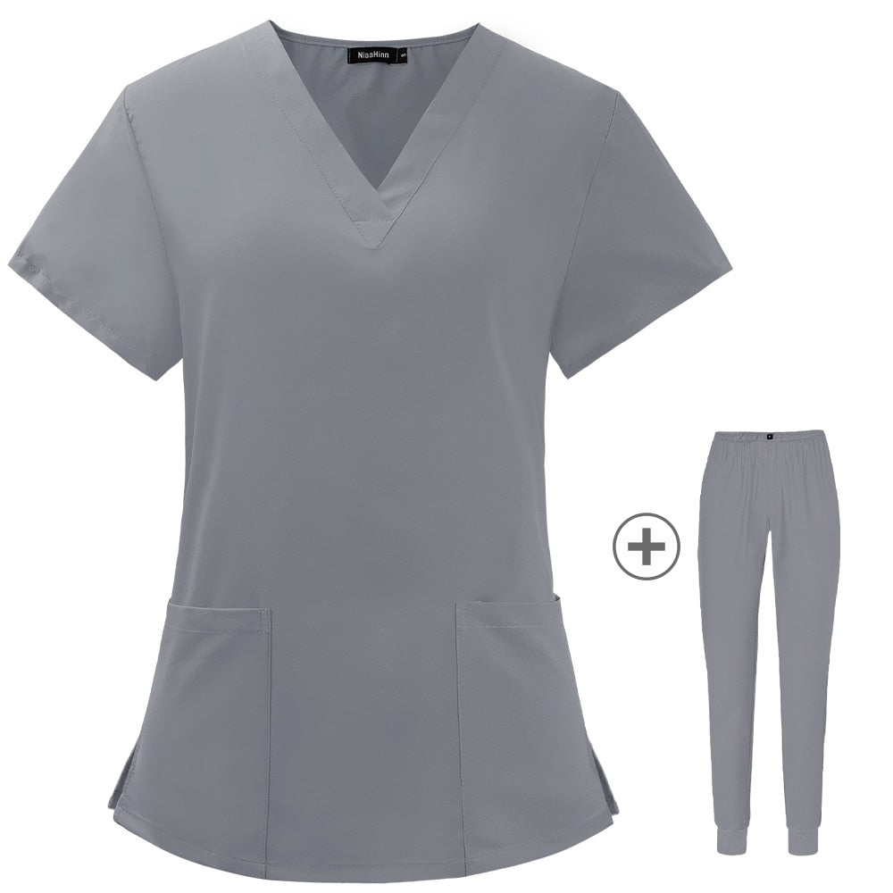 Solid Color Nursing Scrubs Women Uniforms Elasticity Pet Clinic Nurse V-neck Medical Hospital Doctor Working Clothing Wholesale