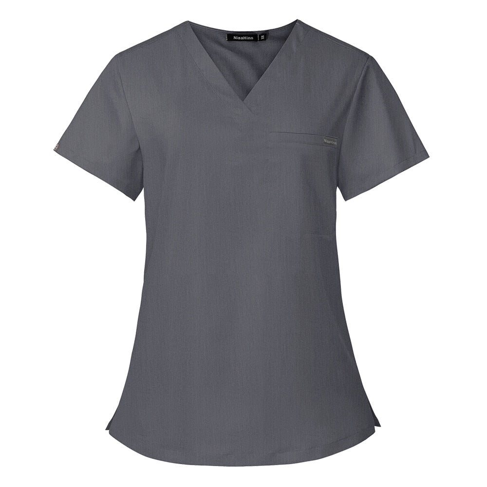 Men Women Nursing Uniform Hospital Work Blouse Short Sleeve V-neck Scrub Tops with Pocket Shirt Unisex Work Wear Uniform Blouses