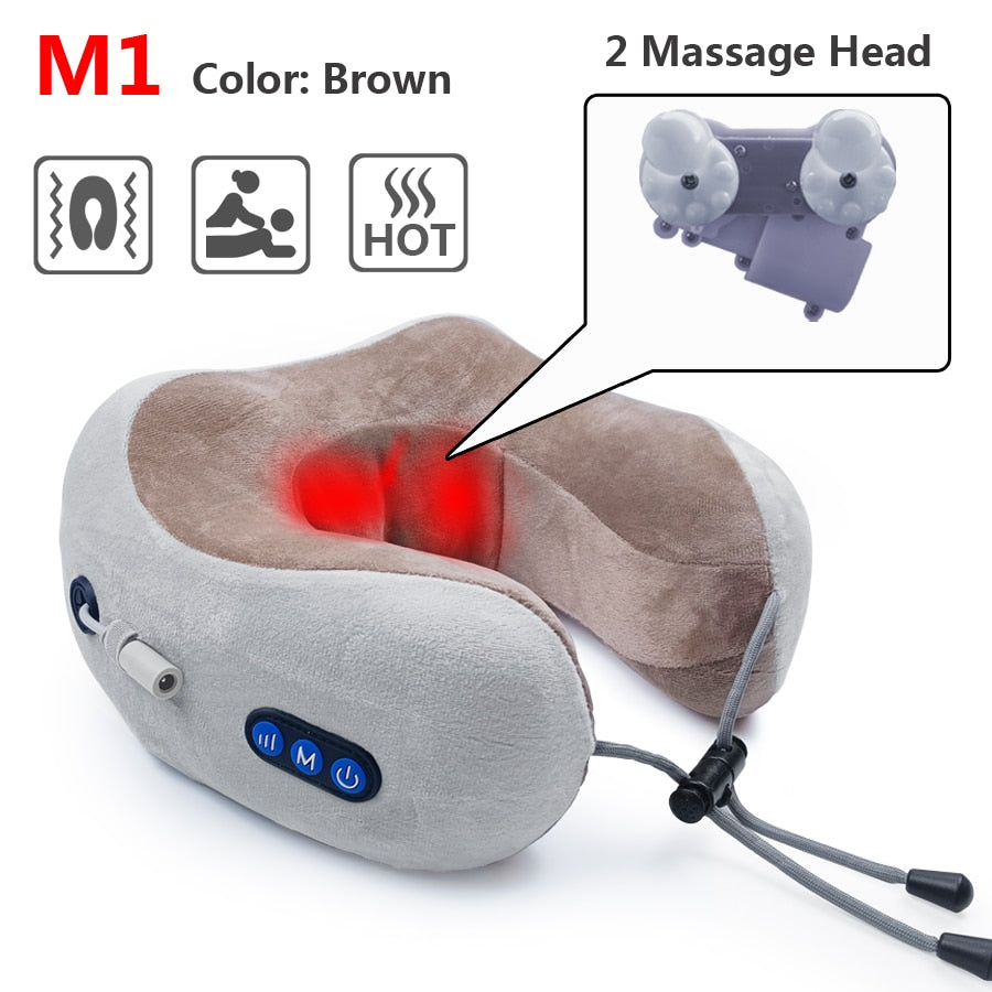 RLESMEN 4 Heads Travel Pillow Neck Massager Relaxation Heating Vibrator U-shaped Cervical Vertebra Electric Massage Health Care