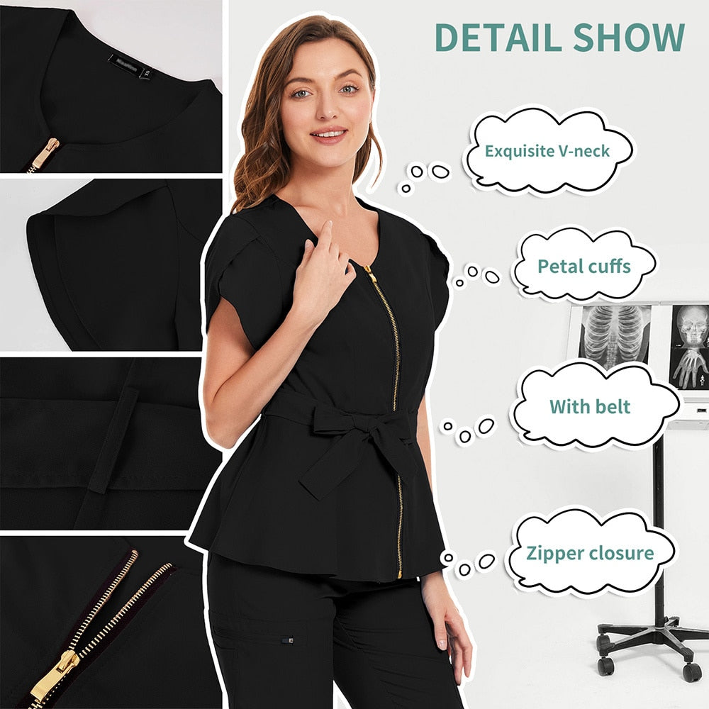 Short Sleeve Beauty Salon Workwear Temperament Women's Top Nursing Blouse Sexy Zip Scrub Tops Nursing Uniform T-shirt 2 Pockets