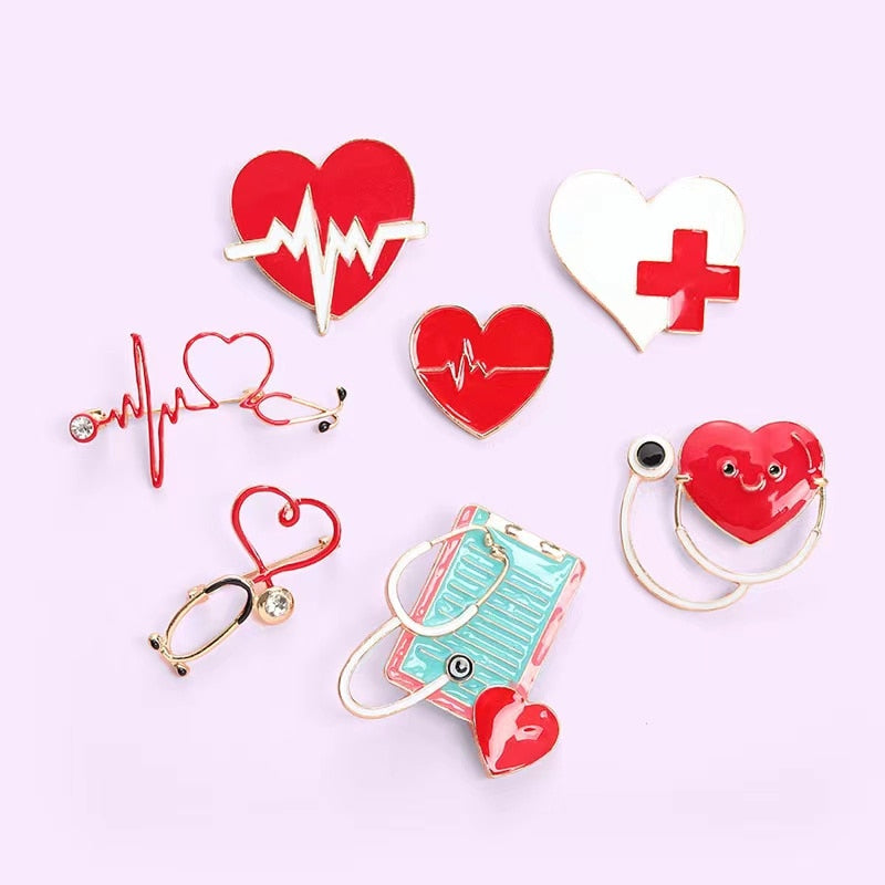 Stethoscope Brooch Doctor Nurse Enamel Pins Red Heart Electrocardiogram Collar Lapel Badge Unisex Medical Jewelry Gift Wholesale