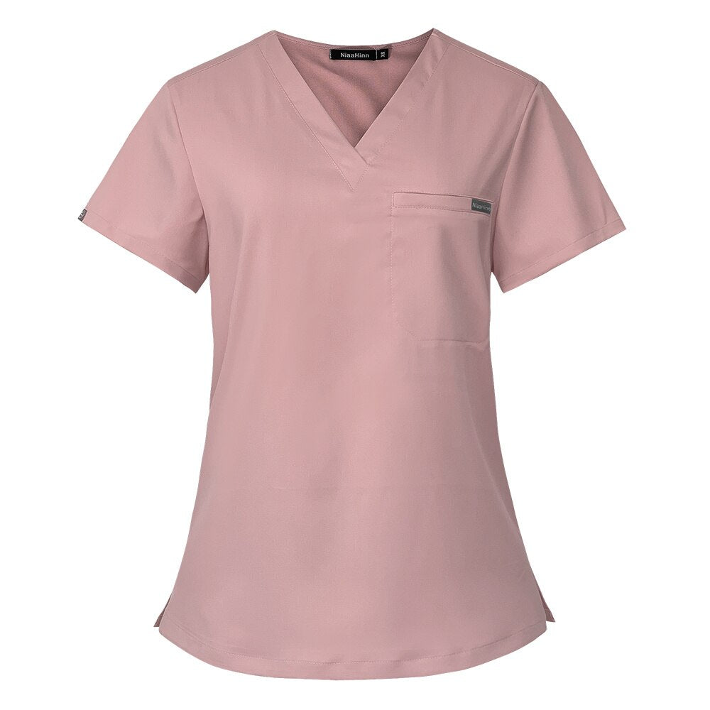 Men Women Nursing Uniform Hospital Work Blouse Short Sleeve V-neck Scrub Tops with Pocket Shirt Unisex Work Wear Uniform Blouses