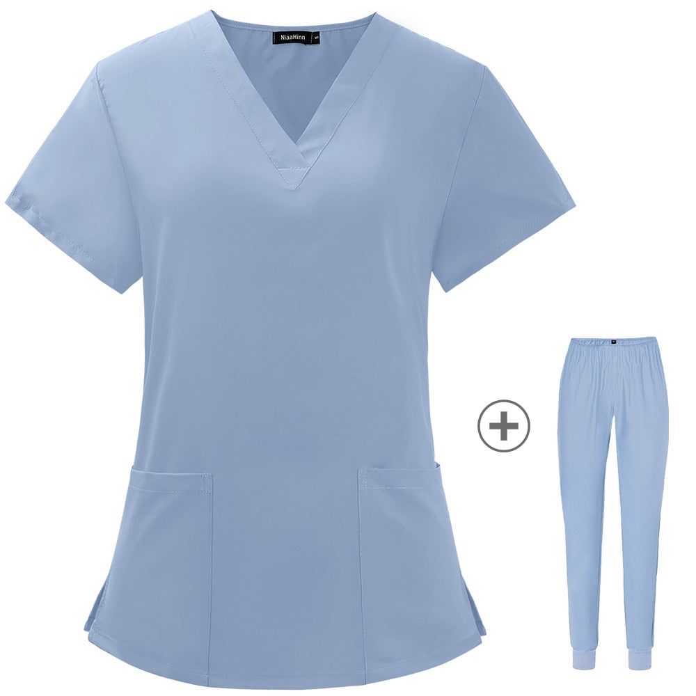 Solid Color Nursing Scrubs Women Uniforms Elasticity Pet Clinic Nurse V-neck Medical Hospital Doctor Working Clothing Wholesale