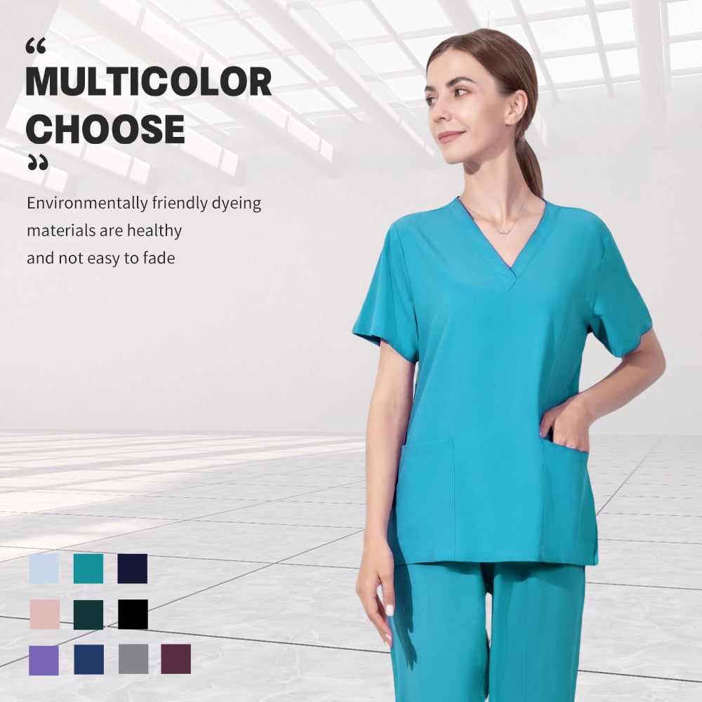 Solid Color Nursing Scrubs Women Uniforms Elasticity Pet Clinic Nurse V-neck Medical Hospital Doctor Working Clothing Wholesale