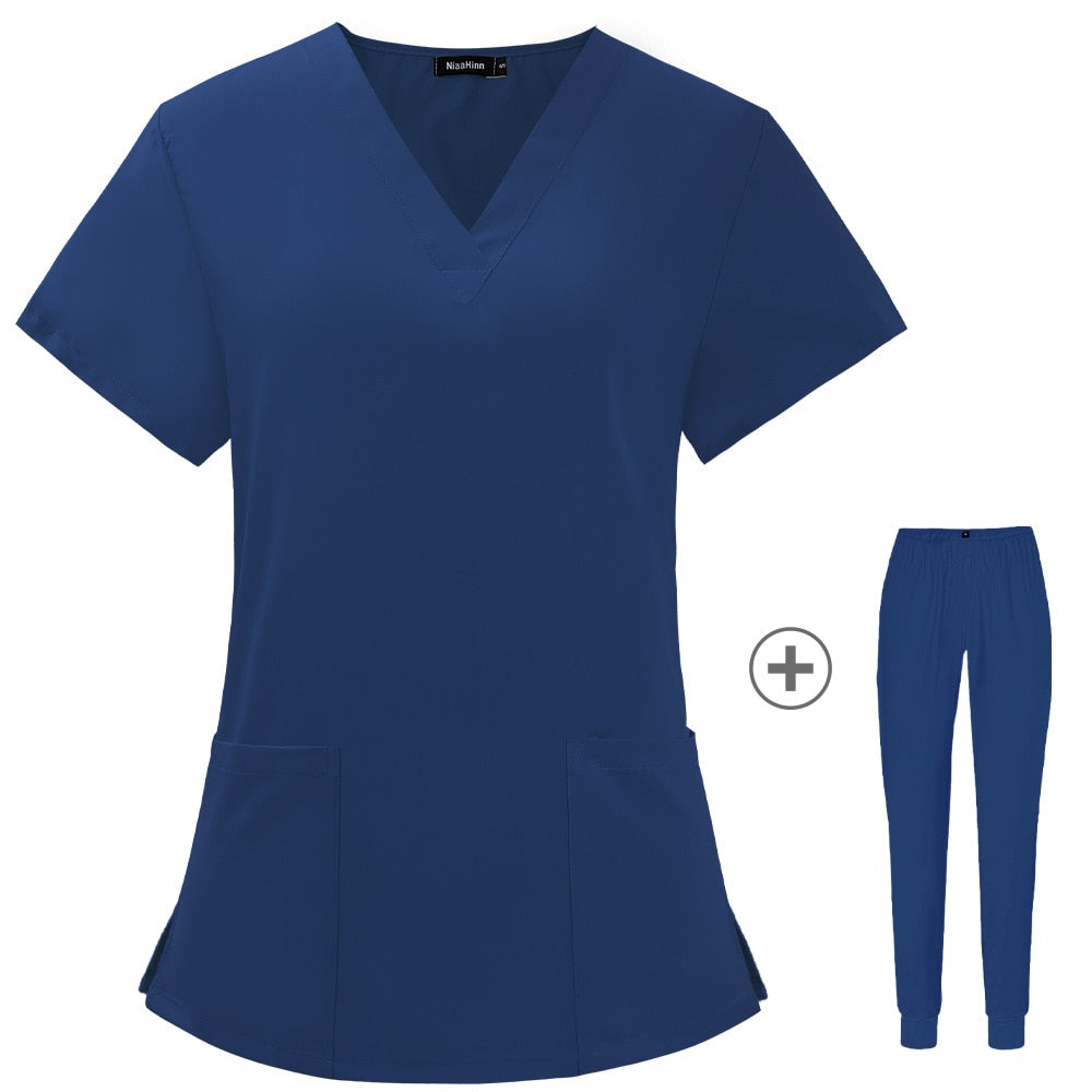 Solid Color Nursing Scrubs Women Uniforms Elasticity Pet Clinic Nurse V-neck Medical Hospital Doctor Working Clothing Wholesale