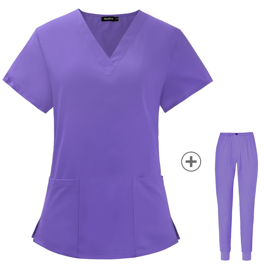 Solid Color Nursing Scrubs Women Uniforms Elasticity Pet Clinic Nurse V-neck Medical Hospital Doctor Working Clothing Wholesale