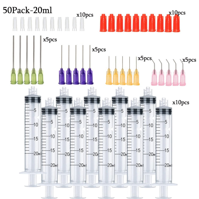 50Pack Syringes with 14ga-23ga Blunt Tip Needles With Syringe Caps and Needle Caps for Refilling