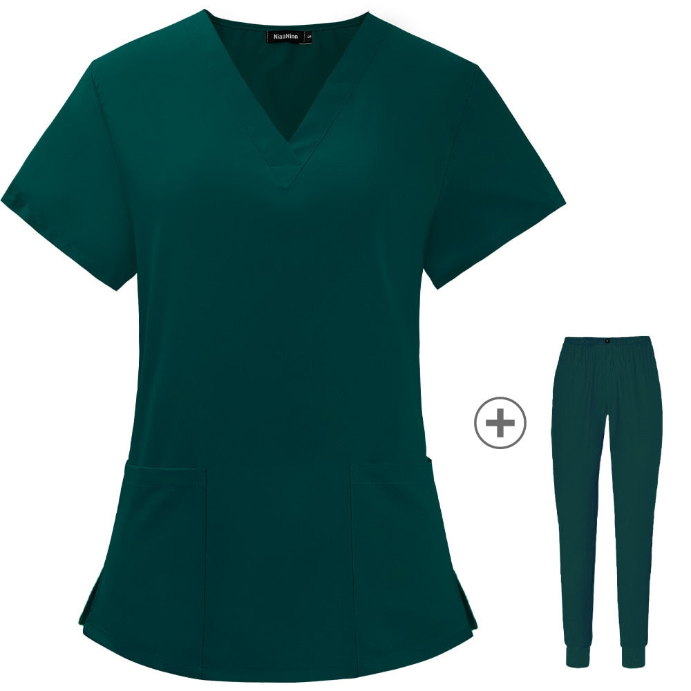 Solid Color Nursing Scrubs Women Uniforms Elasticity Pet Clinic Nurse V-neck Medical Hospital Doctor Working Clothing Wholesale