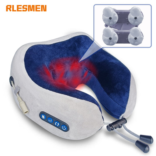 RLESMEN 4 Heads Travel Pillow Neck Massager Relaxation Heating Vibrator U-shaped Cervical Vertebra Electric Massage Health Care