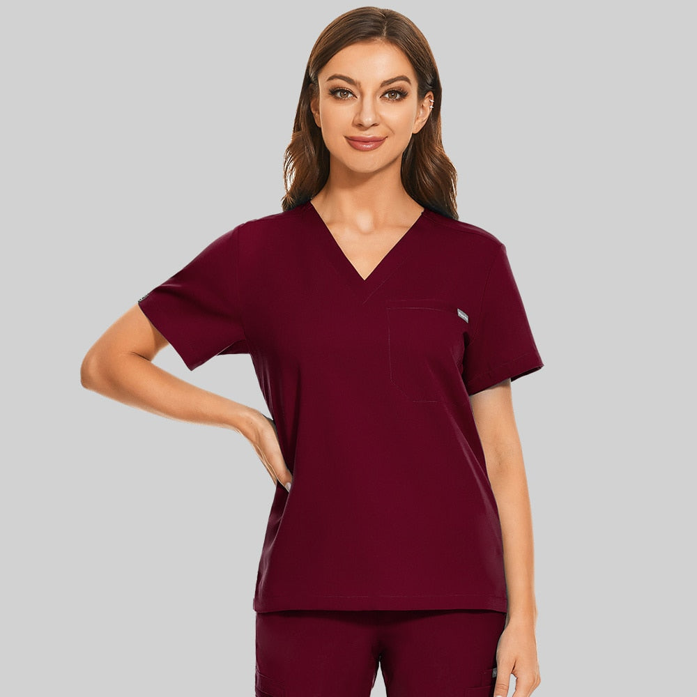 Men Women Nursing Uniform Hospital Work Blouse Short Sleeve V-neck Scrub Tops with Pocket Shirt Unisex Work Wear Uniform Blouses