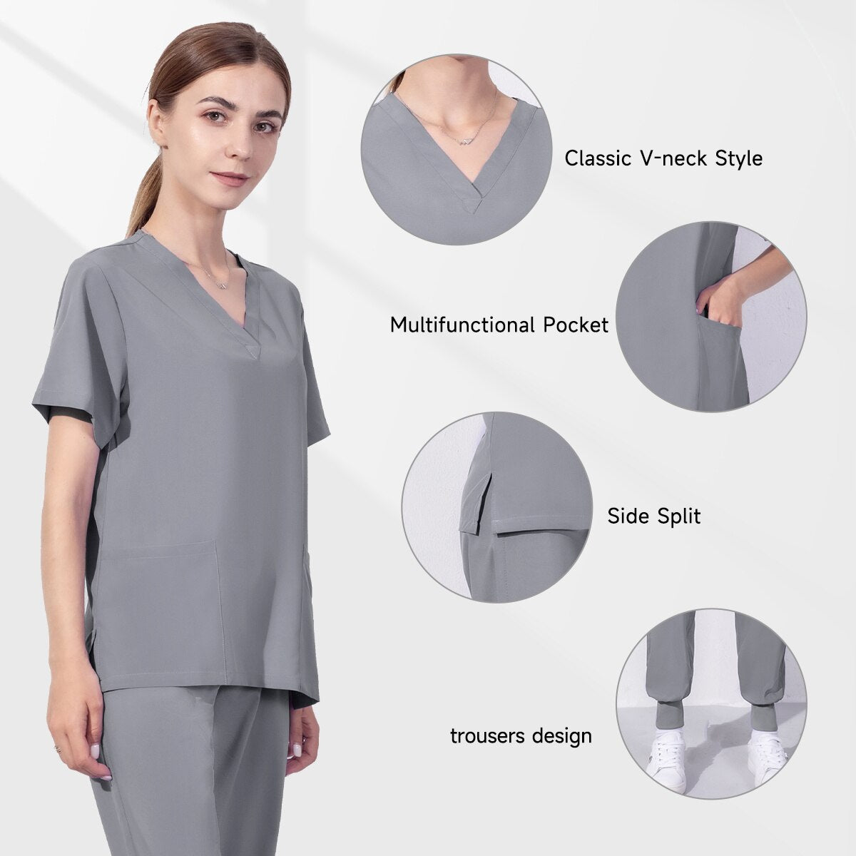 Solid Color Nursing Scrubs Women Uniforms Elasticity Pet Clinic Nurse V-neck Medical Hospital Doctor Working Clothing Wholesale