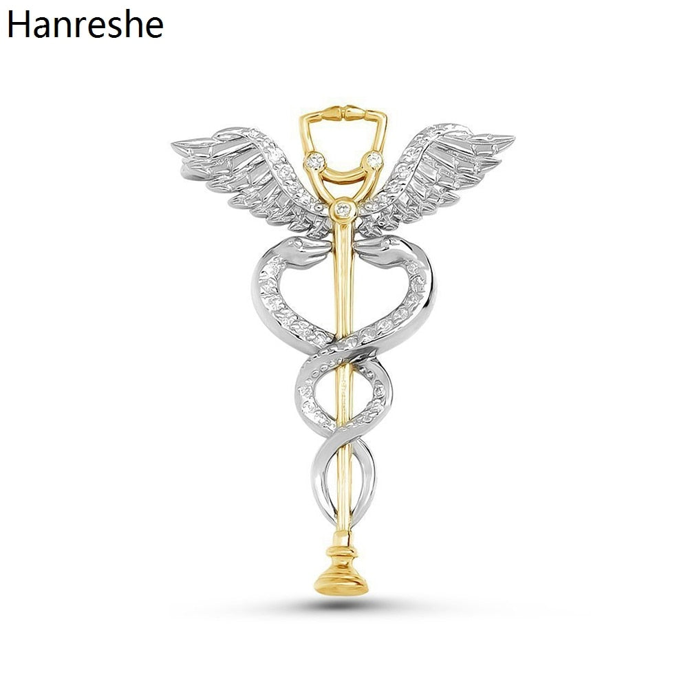 Hanreshe Luxury Caduceus Stethoscope Medical Brooch Pins Inlaid Crystal Shiny Snake Rod Medical Lapel Badge Jewelry Gift