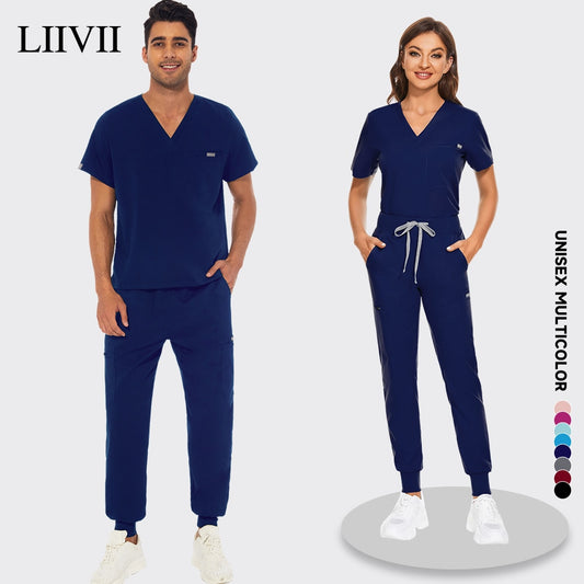 Unisex V-neck Scrubs Set Beauty Salon Work Uniform Nursing Scrub Suits Short Sleeved Pet Nurse Work Tops Pants Dentistry Uniform