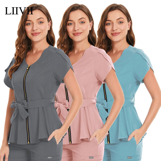 Short Sleeve Beauty Salon Workwear Temperament Women's Top Nursing Blouse Sexy Zip Scrub Tops Nursing Uniform T-shirt 2 Pockets