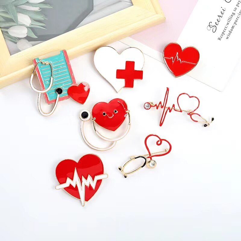 Stethoscope Brooch Doctor Nurse Enamel Pins Red Heart Electrocardiogram Collar Lapel Badge Unisex Medical Jewelry Gift Wholesale