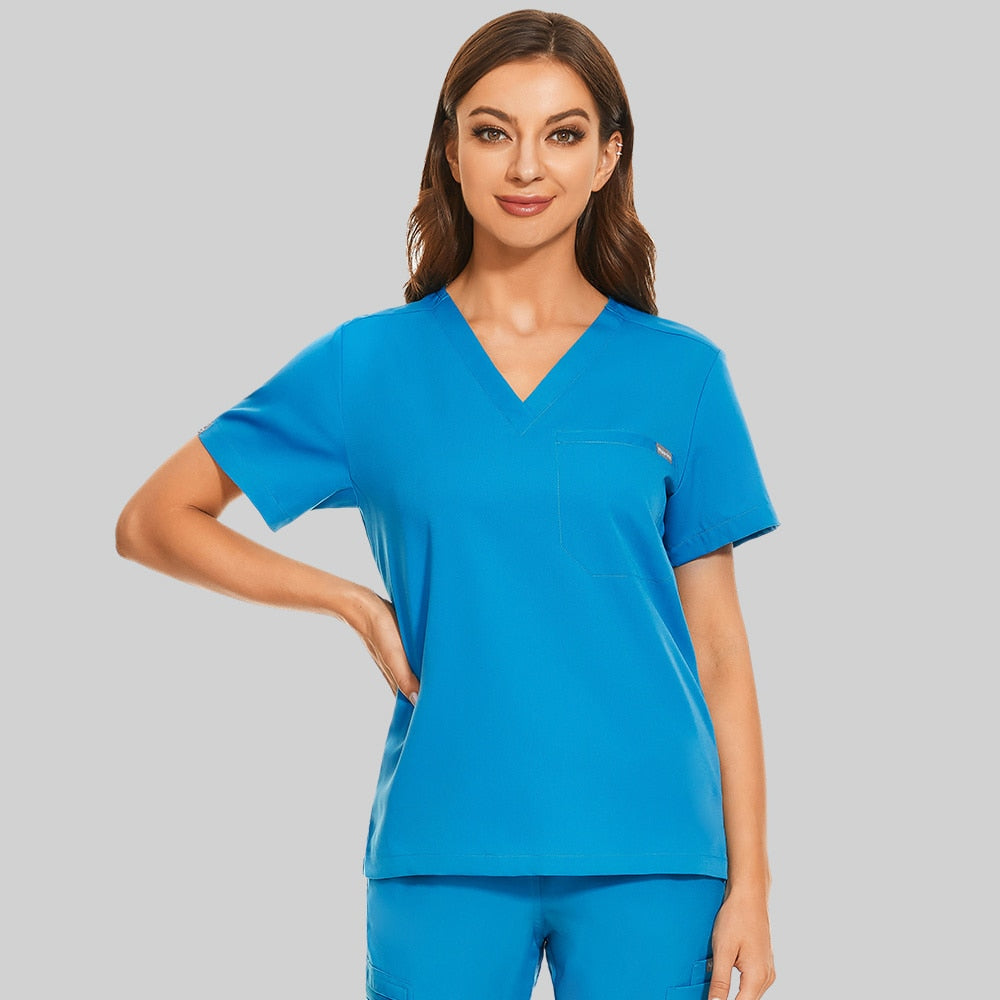 Men Women Nursing Uniform Hospital Work Blouse Short Sleeve V-neck Scrub Tops with Pocket Shirt Unisex Work Wear Uniform Blouses