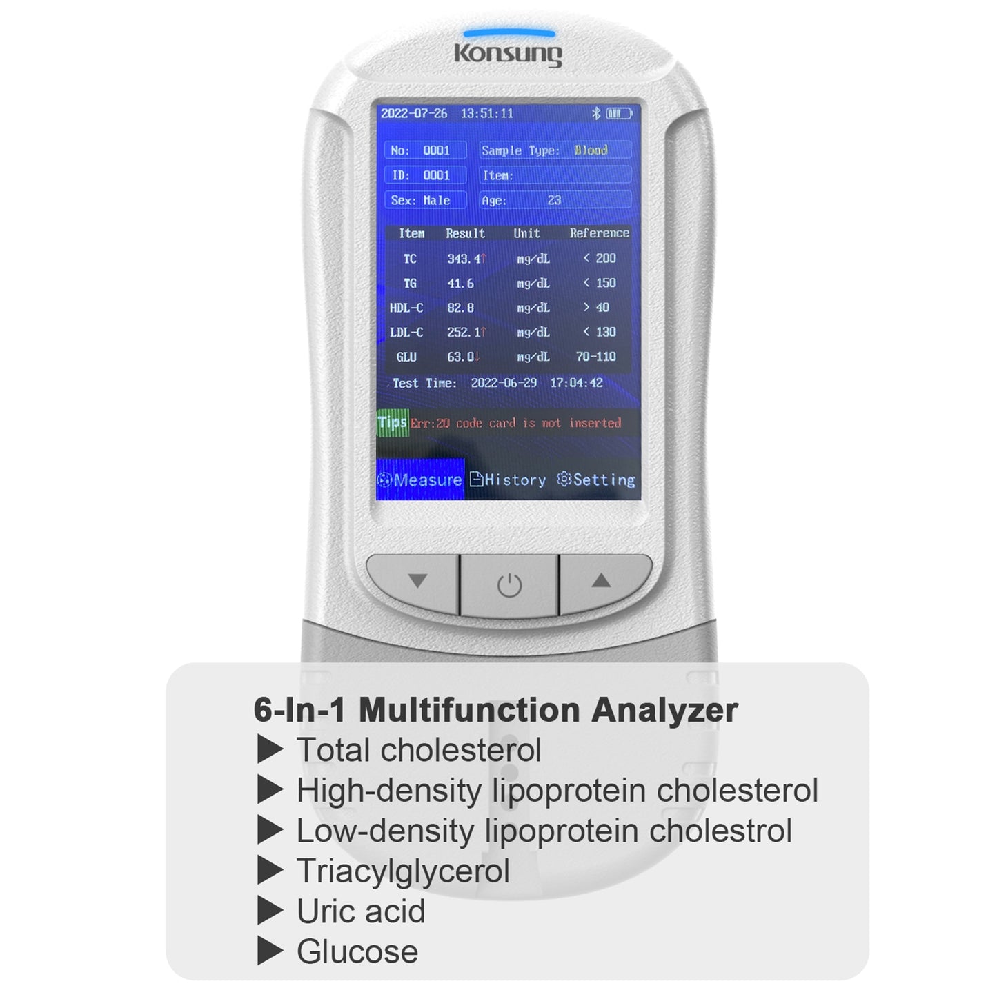 Konsung 6 In 1 Multi-Function Total Cholesterol Tester Uric Acid Diabetes and Lipid Analyzer Machine with 30PCS Test Strips