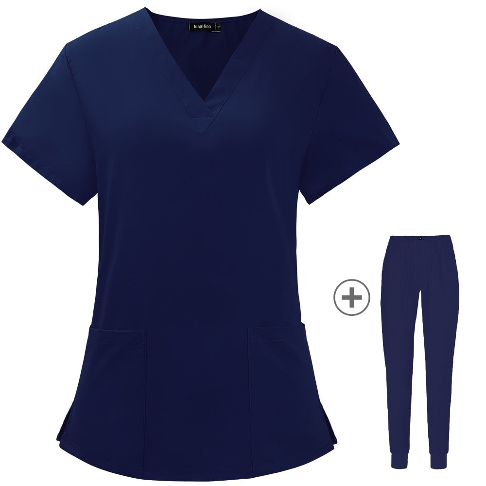 Solid Color Nursing Scrubs Women Uniforms Elasticity Pet Clinic Nurse V-neck Medical Hospital Doctor Working Clothing Wholesale